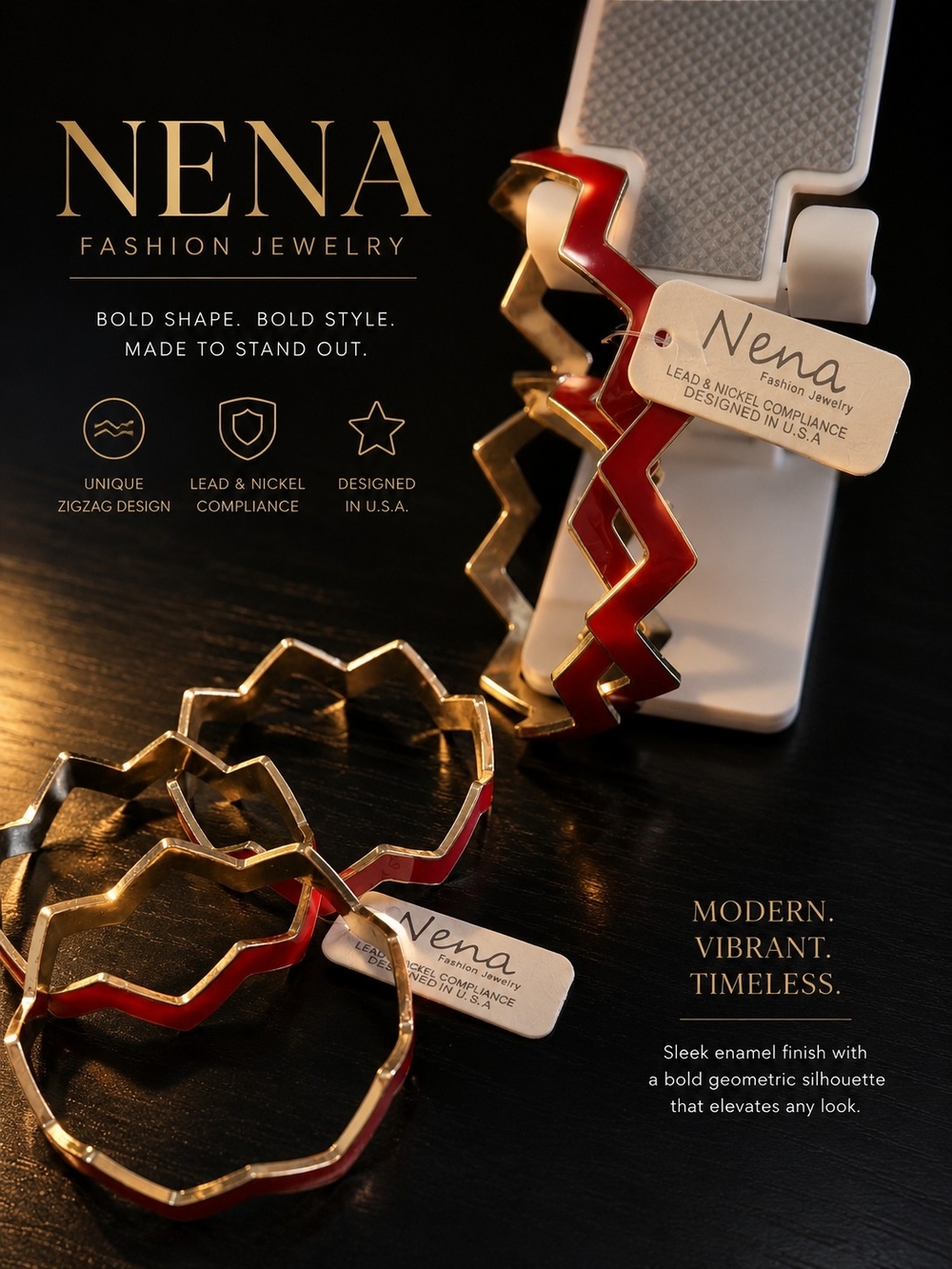 Nena Fashion Jewelry Red Zigzag Enamel & Gold Bracelet